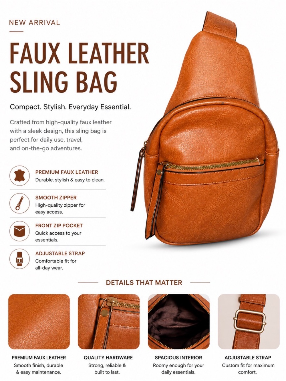 CLASSIC CHIC MINIMALIST FAUX LEATHER SLING BAG